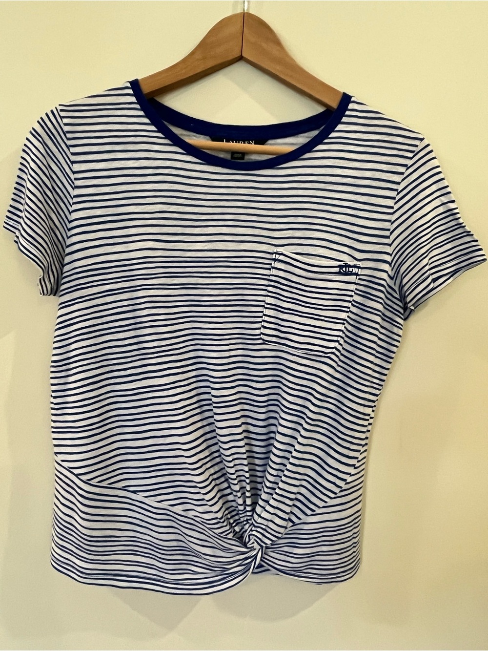 Lauren Ralph Lauren Petite Striped Linen Tee Blue White Twist Front Top